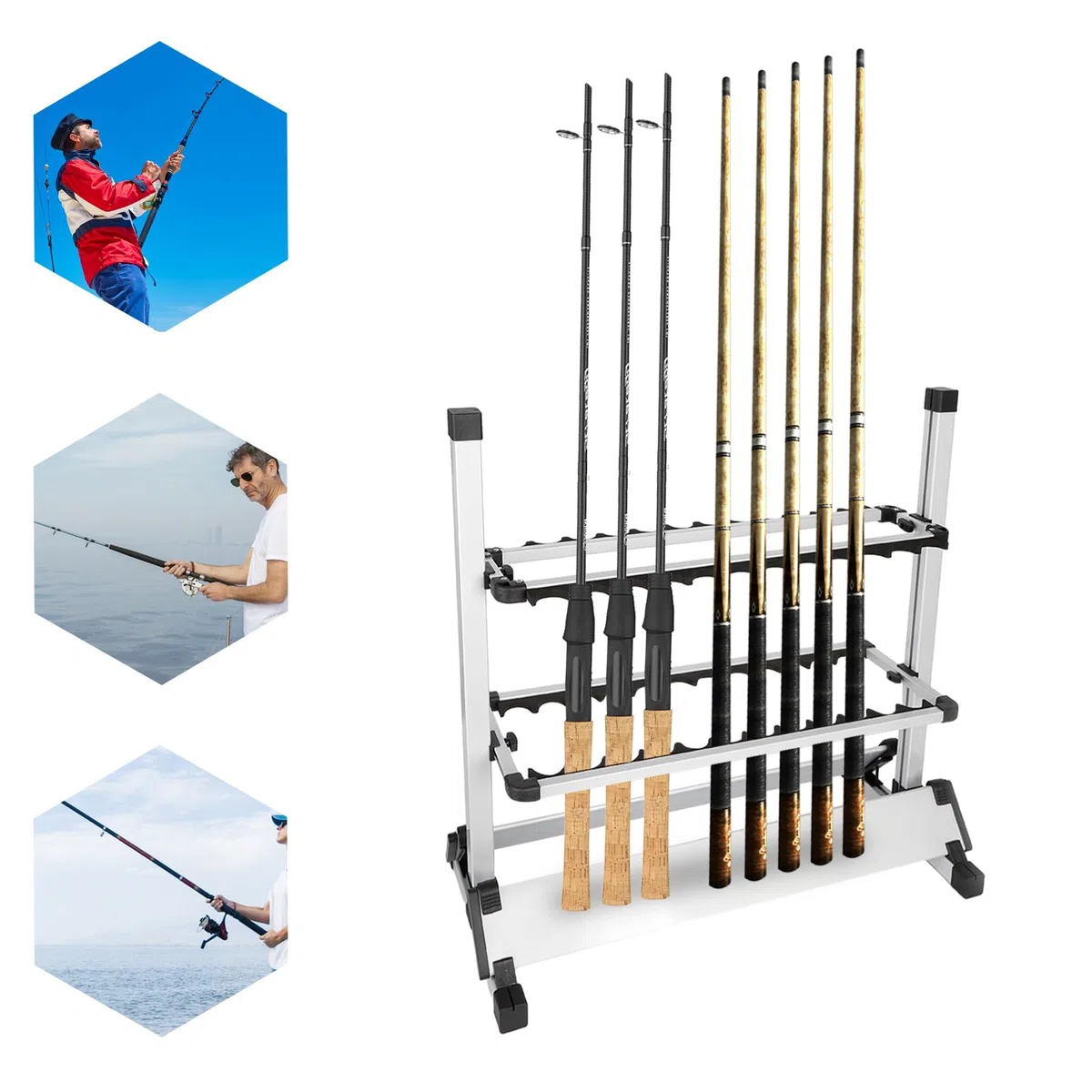 Supporto per canne da pesca, 24 canne, 71,5 x 31 x 70 cm, in alluminio di alta qualità, per barche, negozi di pesca, garage, pesca, interni ed esterni