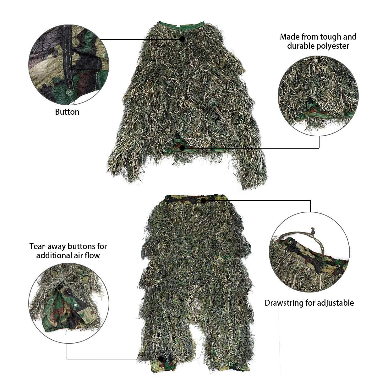 Goetland 5 Pezzi 3D Ghillie Suit Kit Softair Tuta Mimetica da Caccia Accessori Rete Mimetica Softair per Uomo Adulto