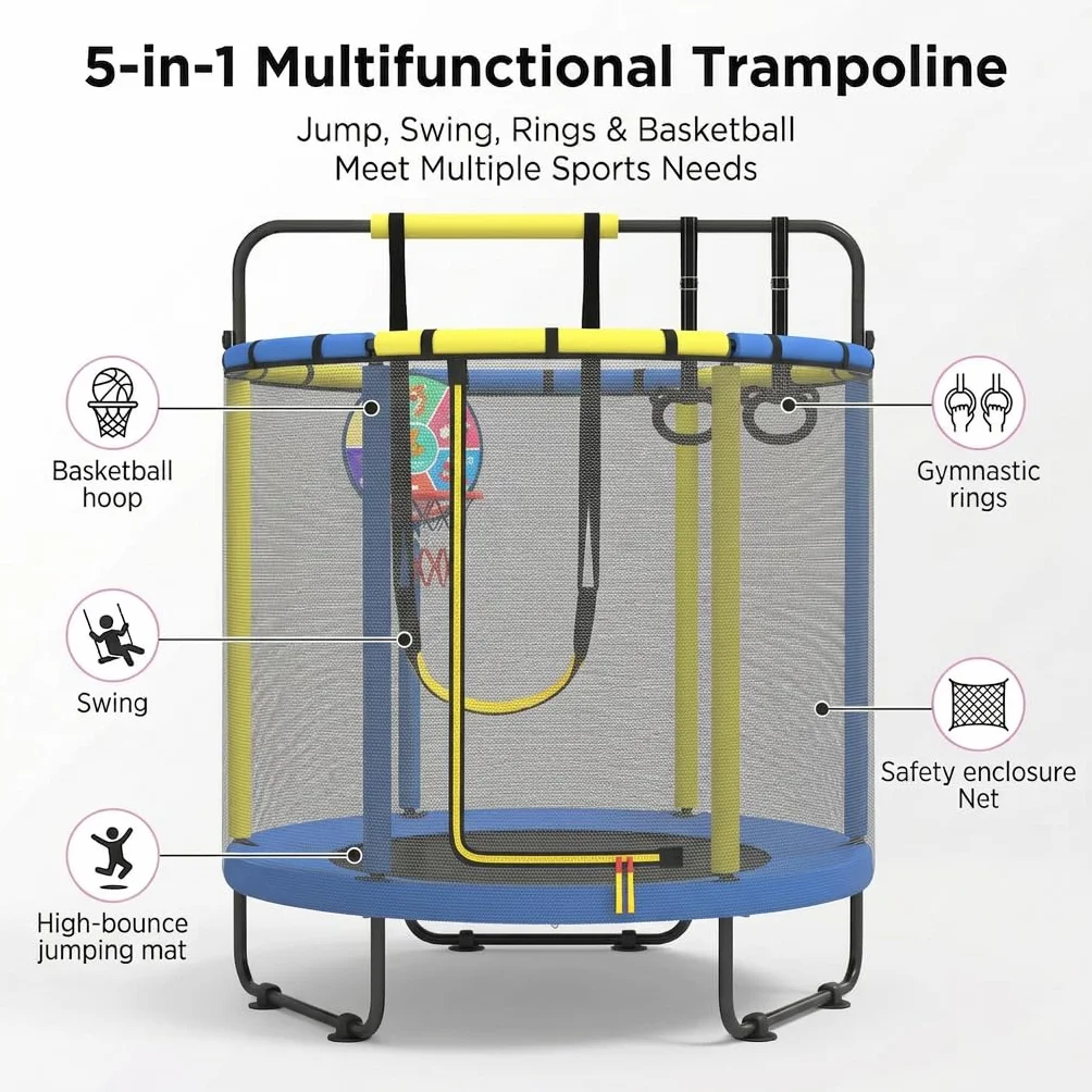 Trampolino per bambini, trampolino da interno per bambini, con cestino da basket, altalena, anello di trazione, adatto per interni ed esterni, adatto per bambini, regalo di compleanno