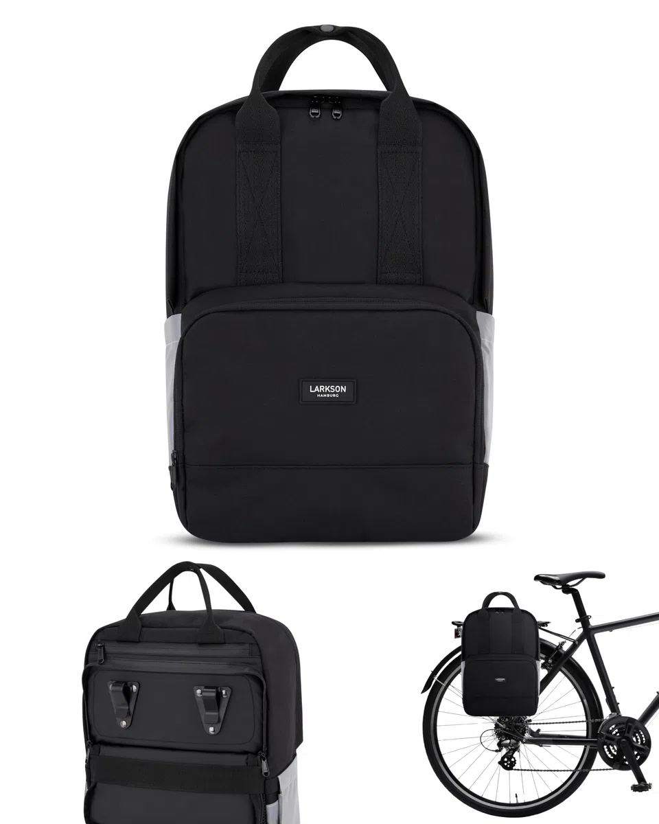 LARKSON Borsa per Bicicletta Nero Riflettente - No 6 Bike - 2 in 1 Borse Posteriori Bici Zaino Scomparto per Laptop da 16 Pollici - Accessori Cestino - Impermeabile