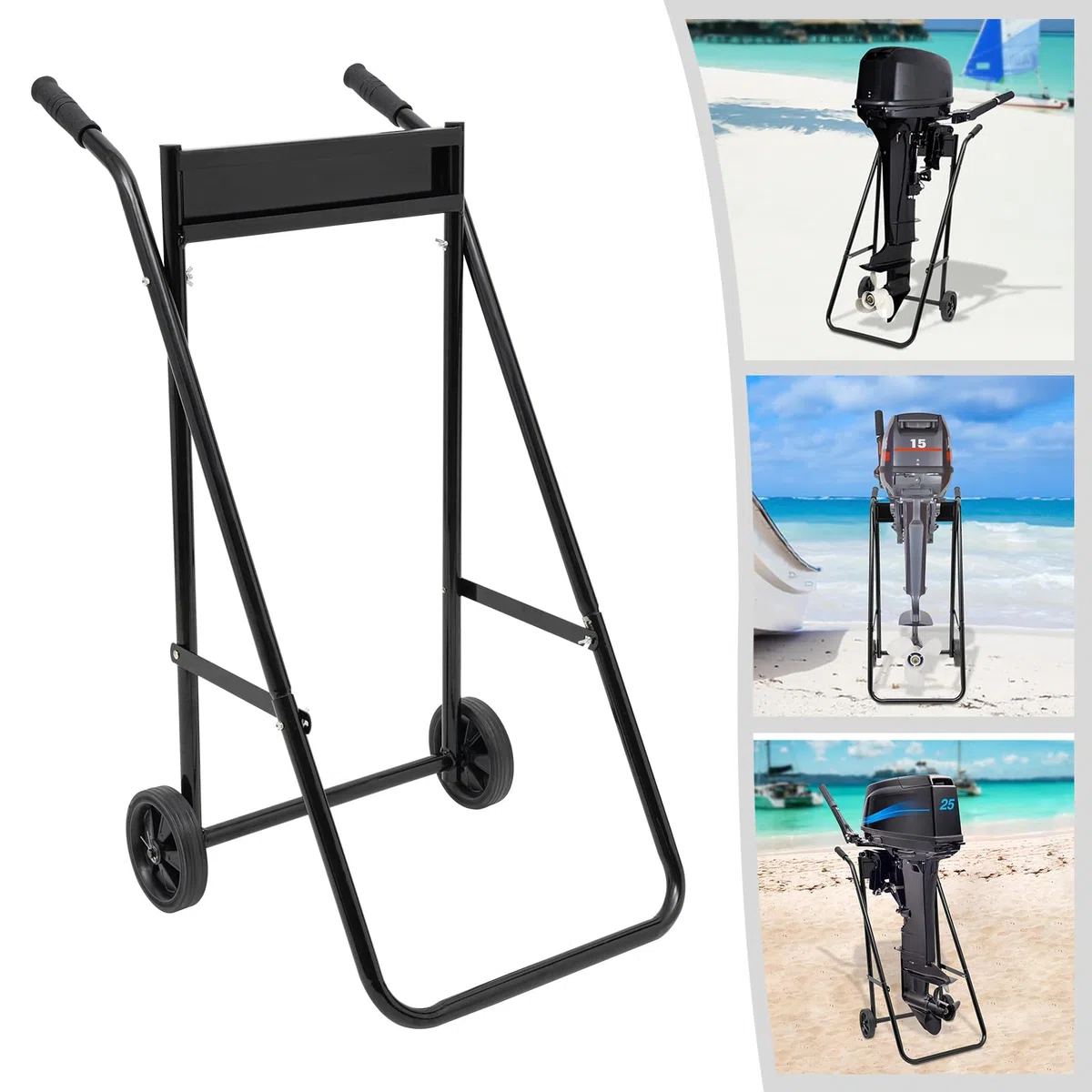 Carrello pieghevole per motore fuoribordo – 40 kg, supporto pieghevole con ruote in gomma e manico antiscivolo, motore per barca, in acciaio nero freddo, per stoccaggio e trasporto del motore