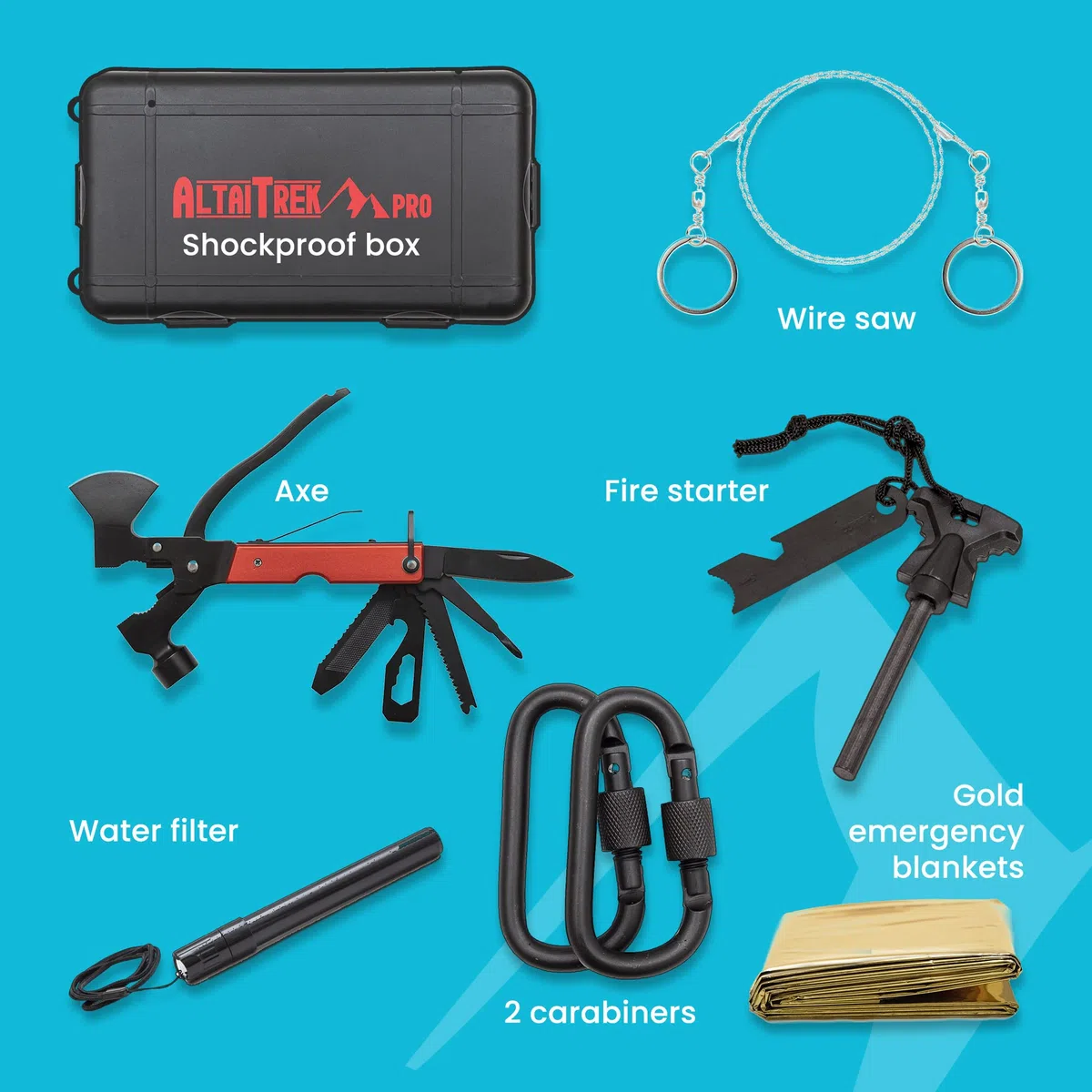 Kit Sopravvivenza con Coltello, Coperta Termica, acciarino, Penna Difesa Personale, Ascia Multifunzione | Per Campeggio, Soccorso | L'unico con Filtro Acqua Emergenza. Survival