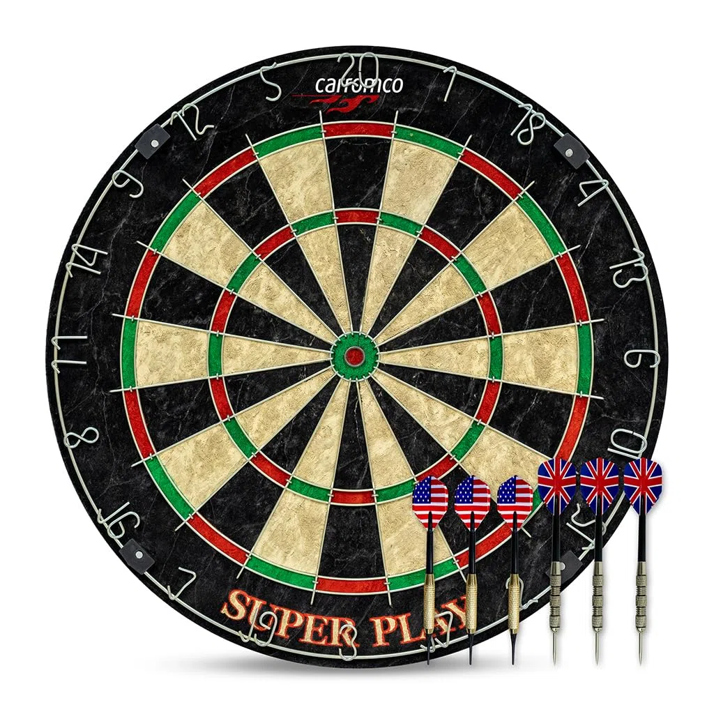 Carromco Steeldartboard Superplay - Bersaglio in sisal di alta qualità in formato tuning, professionale con anello numero di metallo, set di freccette con 3 freccette morbide e 3 freccette in acciaio