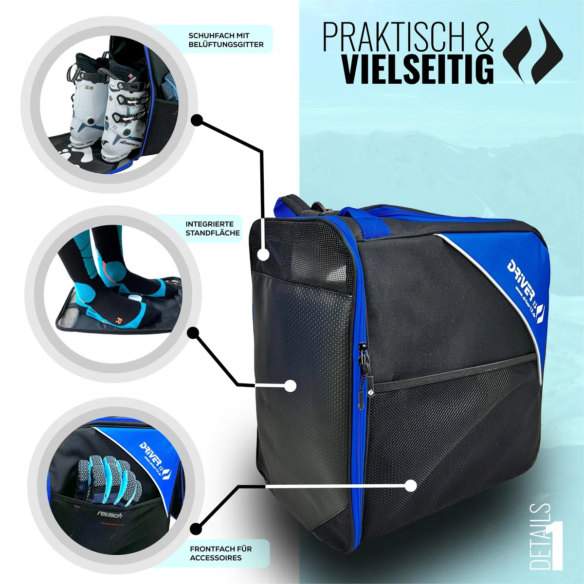 Driver13 borsa per scarponi/scarpe da sci con scomparto casco (bootbag) per scarpe da sci e boots snowboard (nero/blu)