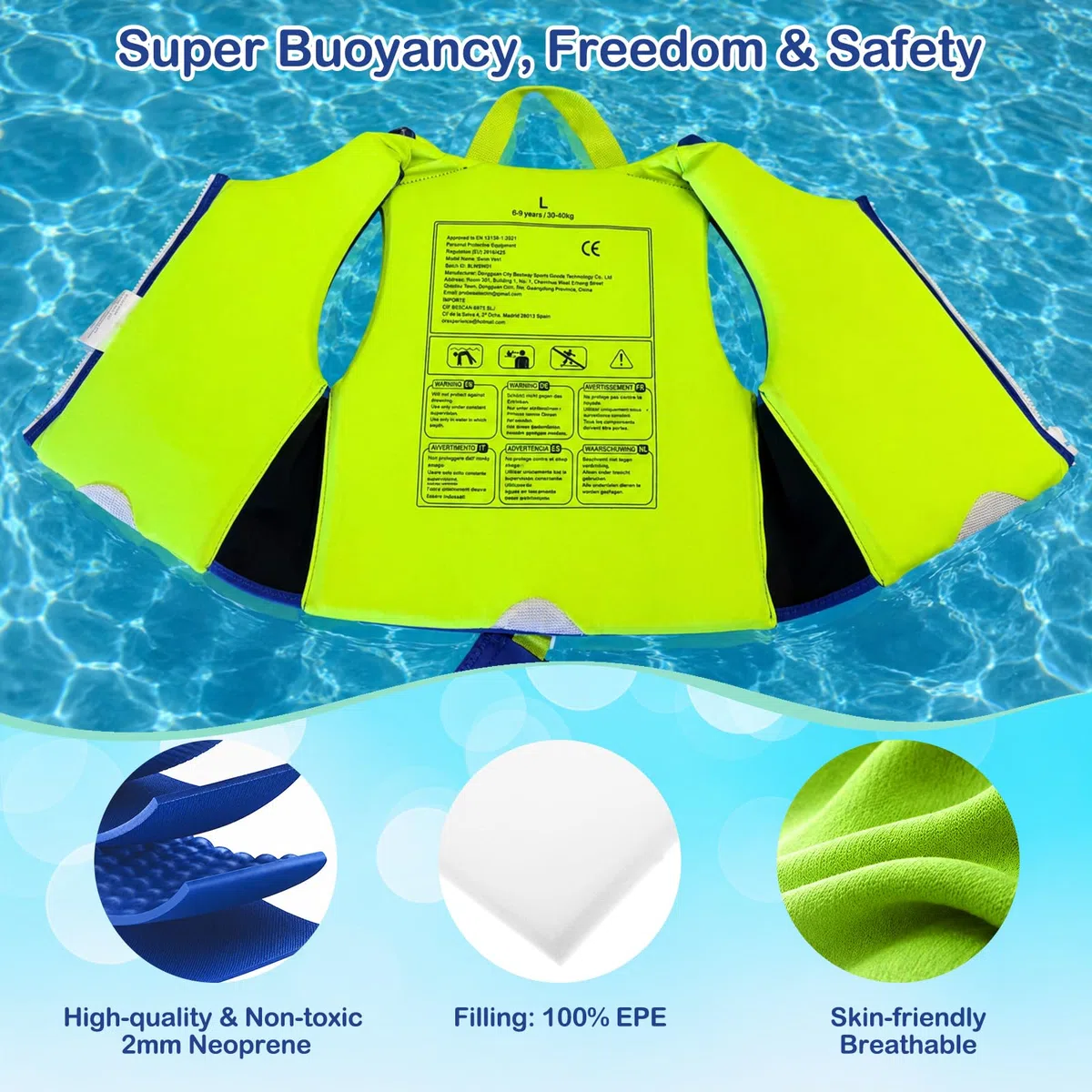 Gilet da Nuoto per Bambini, Ad Alta Galleggiabilità, Con Cinghia Di Sicurezza Regolabile, Testato TÜV e sicuro, Comfort in Neoprene Morbido, Cinghia Sottogamba Allargata, Struttura Resistente