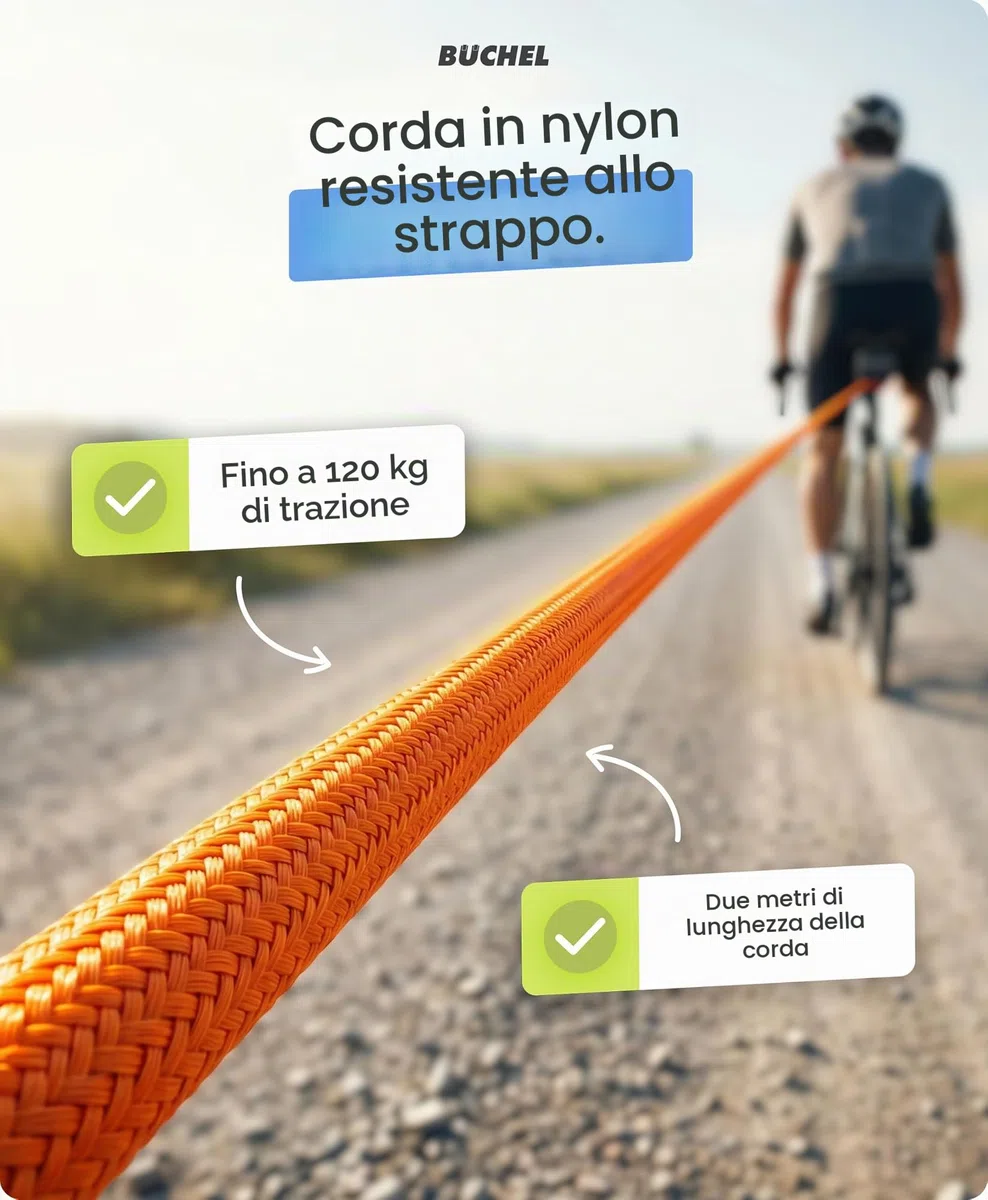 Büchel Corda di traino per bicicletta fino a 120 kg – 2,20 m corda di traino per bambini, con linguetta di estrazione e protezione all'abrasione – Robusto moschettone e 3 montabile, per biciclette per