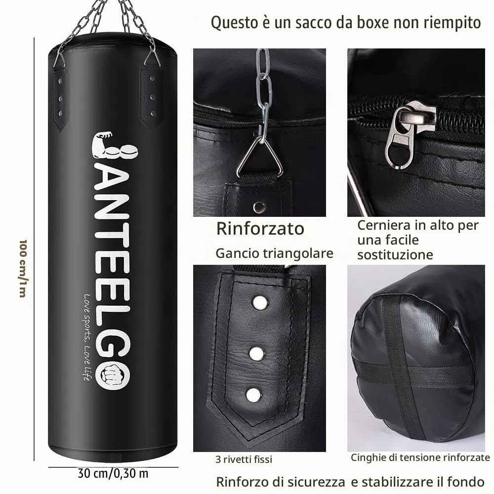 Sacco da boxe sospeso e sacco boxe Non Riempito JanTeelGO 100 cm materiale PU con catena di montaggio e gancio a soffitto per uomo donna adolescente adulti bambino MMA Kickboxing Muay Thai Karate