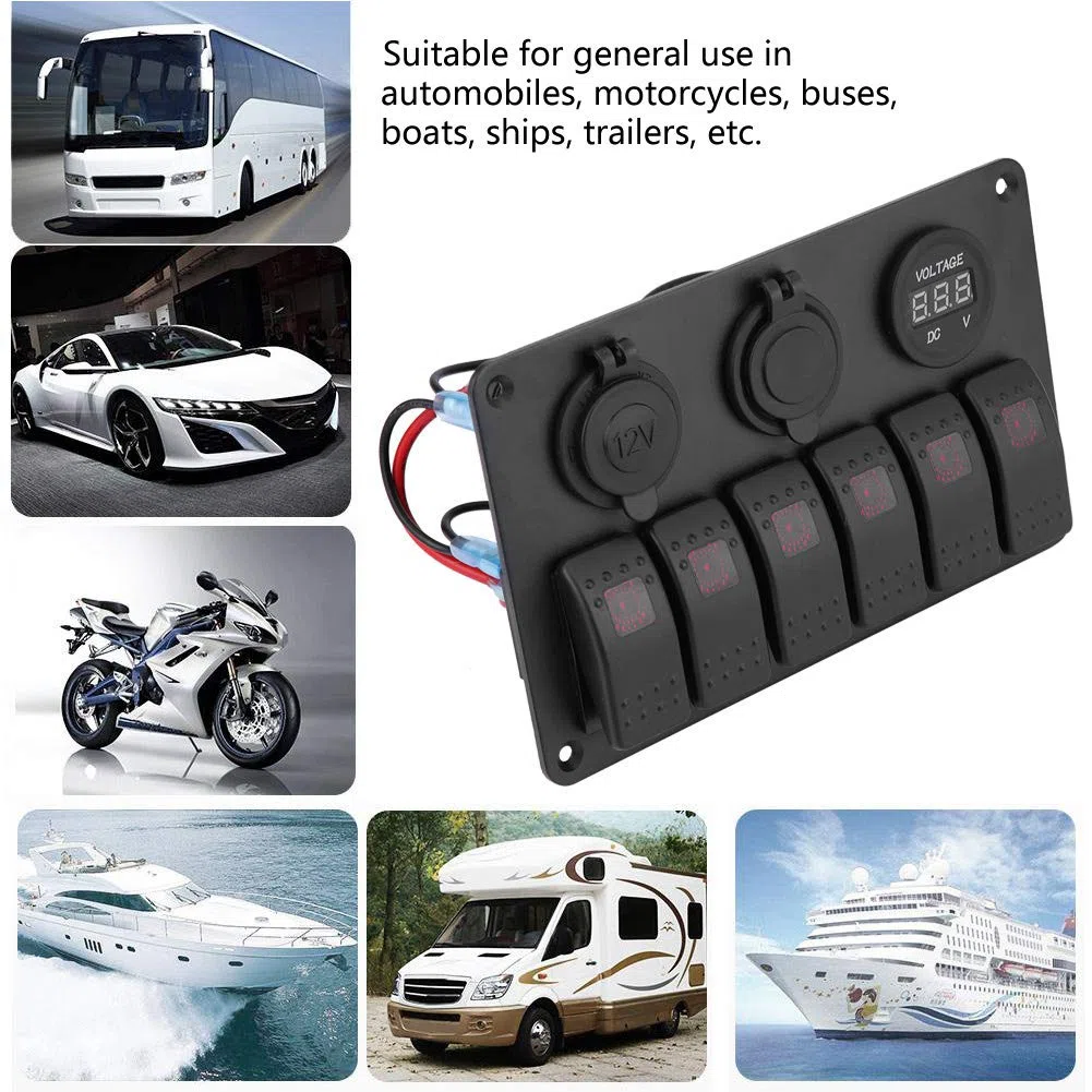 Interruttore a bilanciere, 12V 24V 6 Gang Car Boat Marine LED Interruttore a bilanciere Pannello Doppio USB Voltmetro Accendisigari(Rosso)