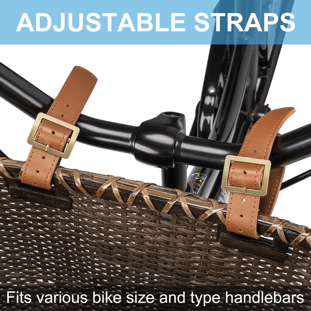 Cestino per bicicletta, design retrò, robusto cestino per bicicletta, manubrio con base in legno e supporto in pelle, ideale come cestino anteriore per bicicletta