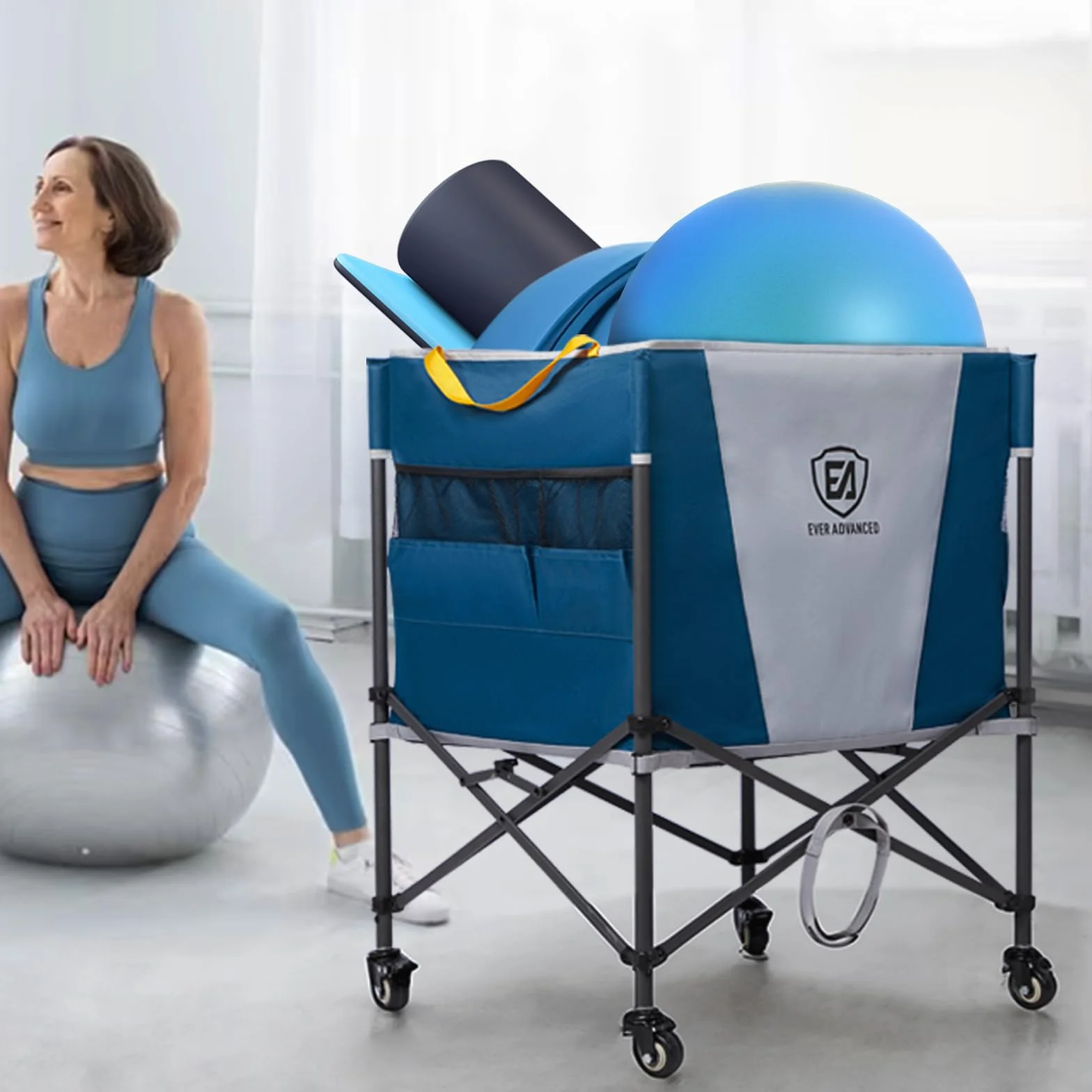 EVER ADVANCED Carrello Porta palloni con Ruote bloccabili, 83,8 x 57,9 cm, Pieghevole per Garage, Attrezzatura Sportiva per pallavolo, Pallacanestro, Tennis, Contenitore per Giocattoli