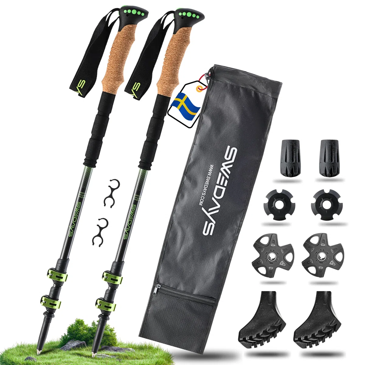 Bastoncini da trekking telescopico (Carbonio Nero) | Bastoni Nordic Walking, Manico in Sughero Ergonomico, leggero, facile da regolare 63-135 cm per per Donna e Uomo