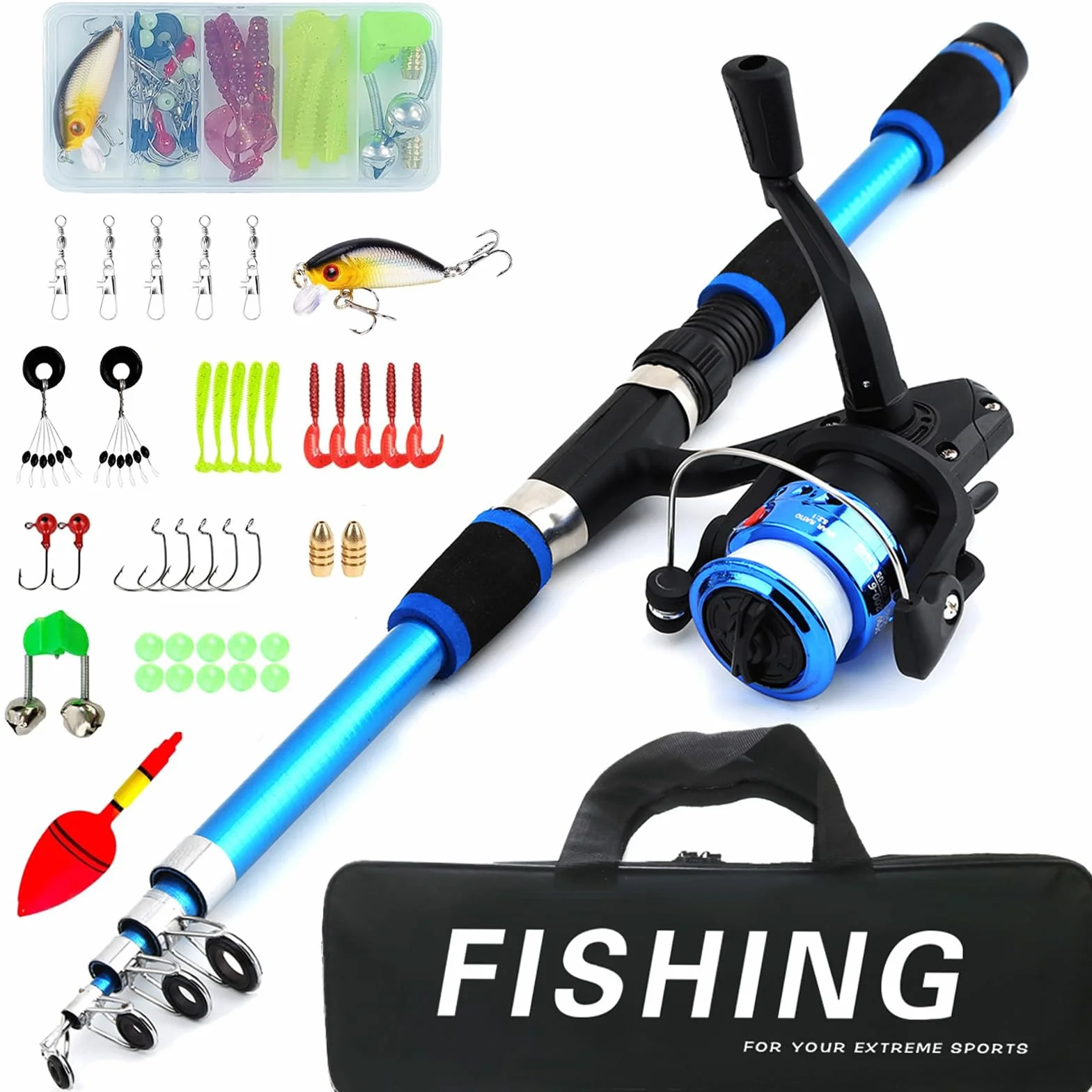 Set da pesca per bambini, 1,8 m, set di canne da pesca per bambini, con mulinello e set di esche, canna da pesca telescopica in fibra di carbonio e mulinello, accessori da pesca per bambini dai 3 ai