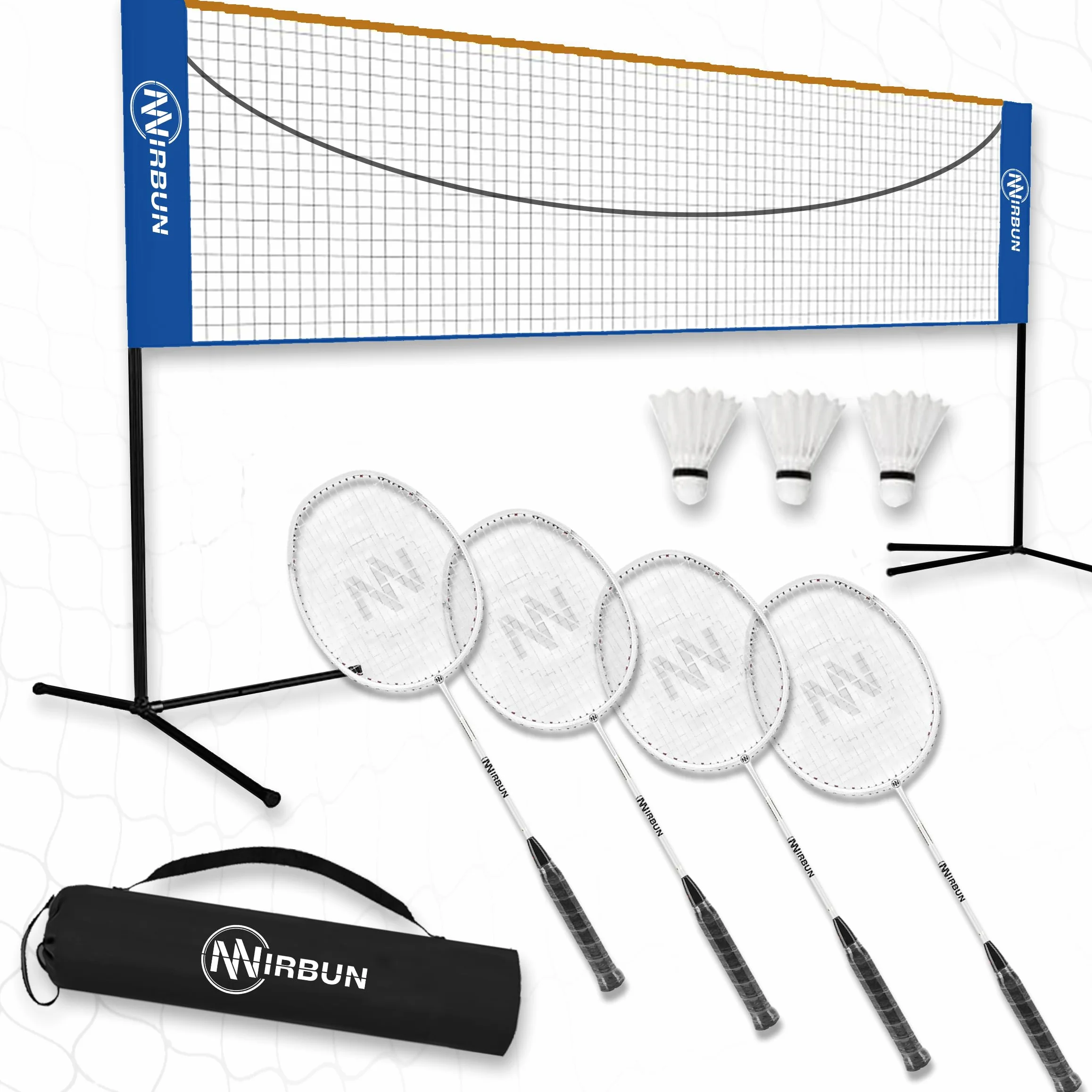 Set da badminton per 4 giocatori con rete | Racchette professionali + 3 volani + borsa per il trasporto | Robusta struttura in metallo | Rete da 5,1 | Gioco per famiglie per interni esterni