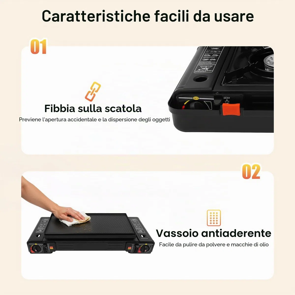 Fornello da Campeggio Doppio Bruciatore, Cucina Portatile con Griglia e Custodia,Fornello a Gas a 2 fuochi, per picnic all'aperto (con piastra grill)