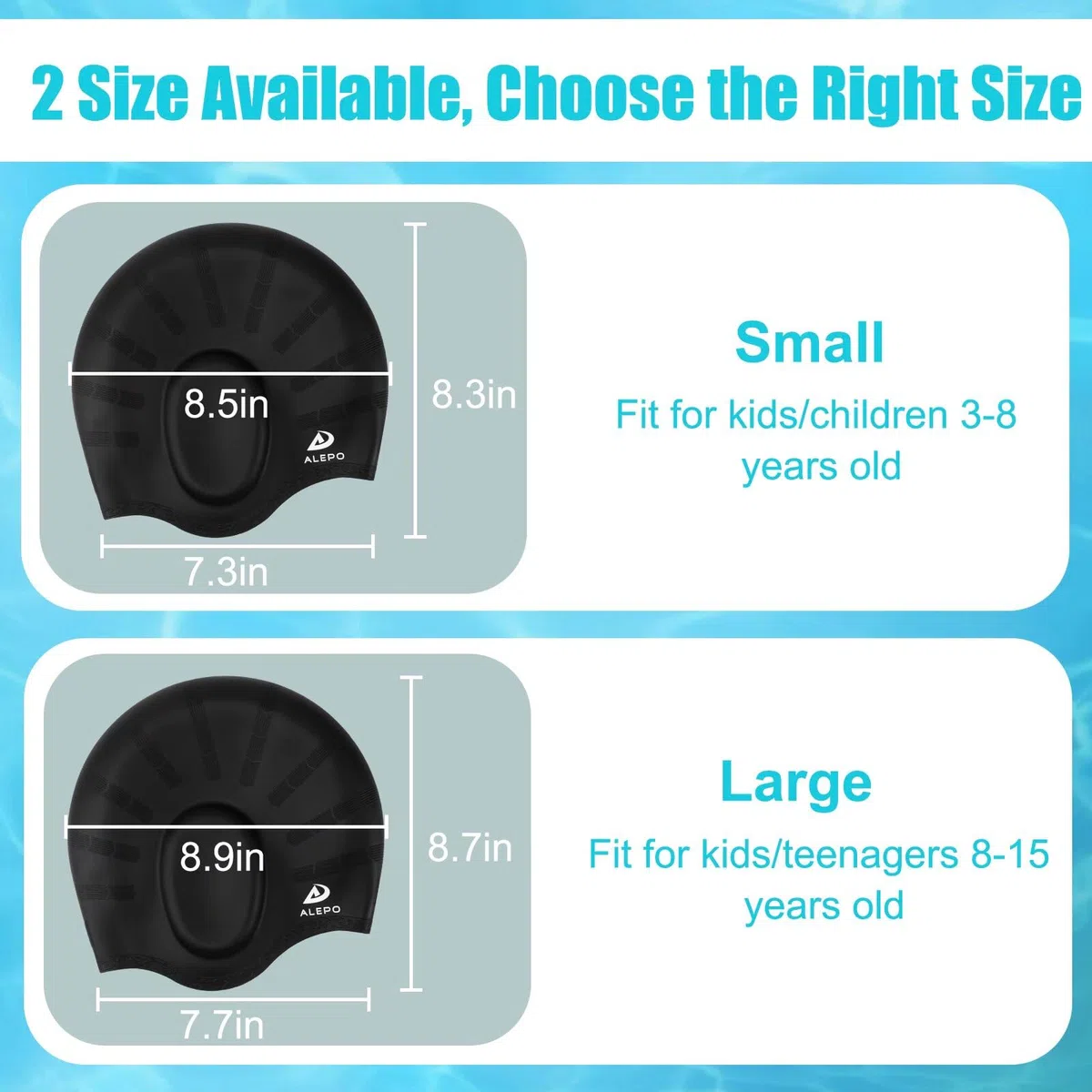 Alepo Confezione da 2 cuffie da nuoto per bambini e bambine, in silicone resistente, con tasche per le orecchie 3D, per bambini dai 3 ai 15 anni, unisex, per capelli corti/lunghi, con tappi per le