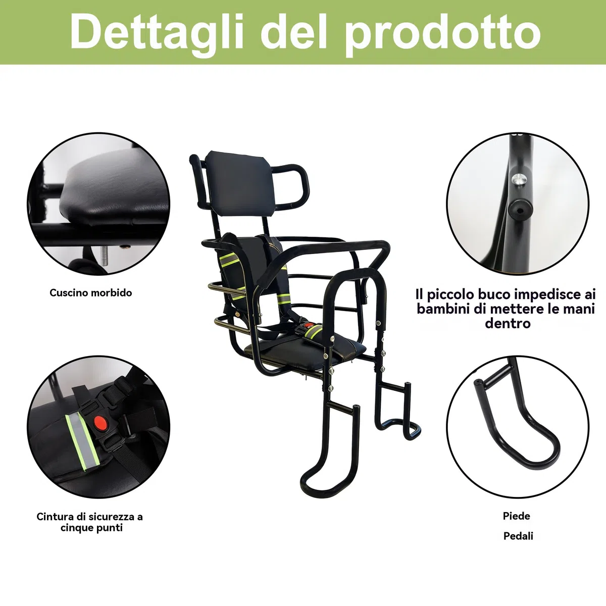 QMD Seggiolino Posteriore per Bambini con poggiatesta Regolabile; seggiolino Posteriore per Bici con poggiapiedi, Schienale e maniglione di Sicurezza. Progettato per Bambini dai 18 Mesi agli 8 Anni.