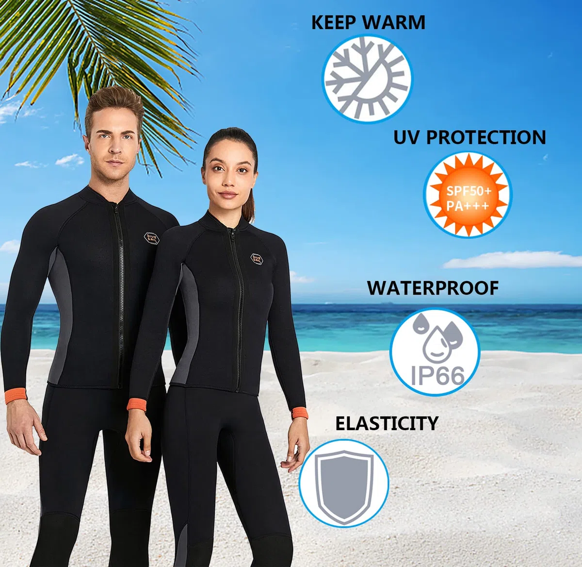 Uomo Donna Muta da 3 mm a manica lunga Zip Frontale Ultra-Stretch per immersioni, surf, snorkeling e nuoto