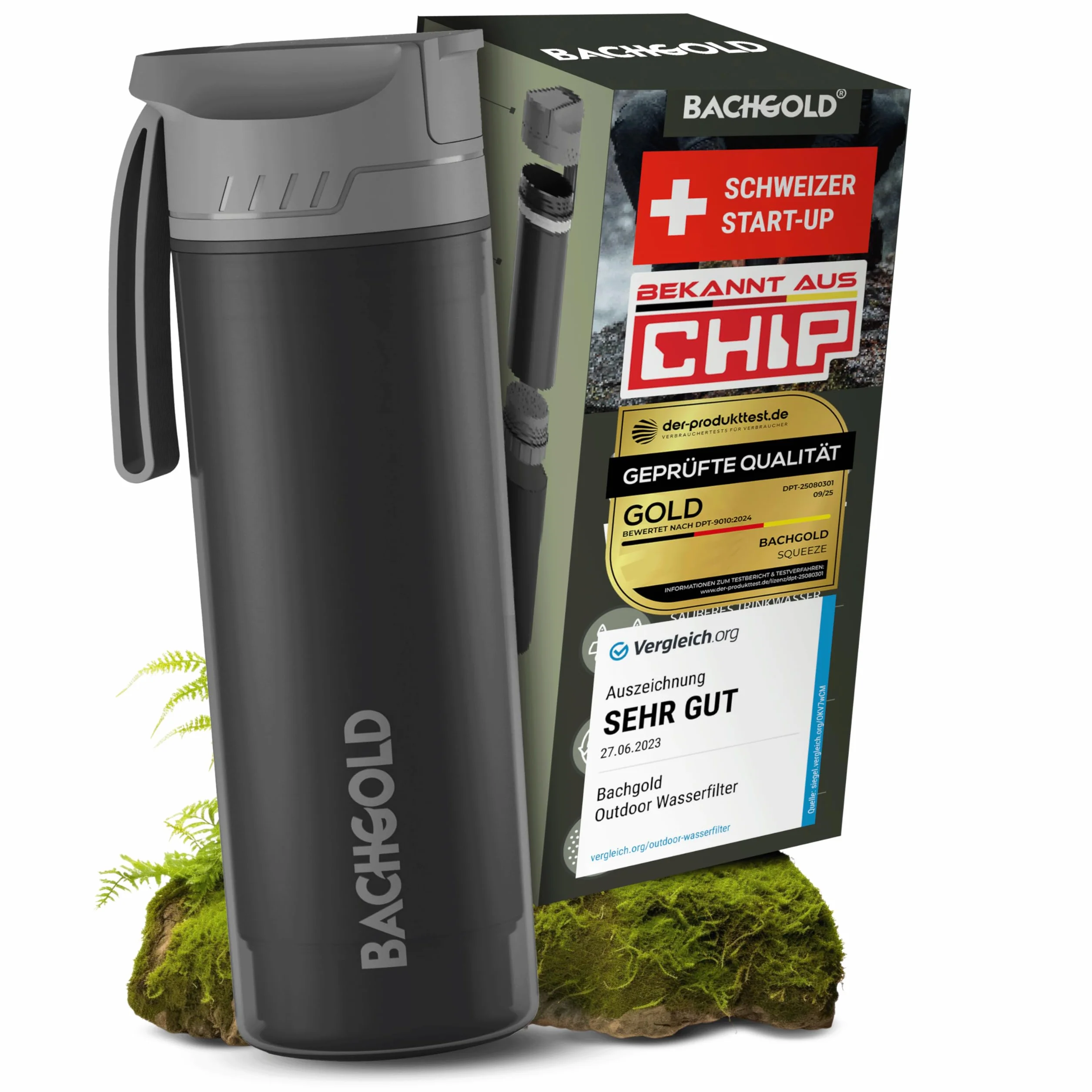 Bachgold Borraccia filtrante acqua potabile con capacità di filtrazione di 1500L I Rimuove il 99,99% dei batteri e filtra microplastiche, particelle e cloro I Per blackout e crisi, Negro 500ml
