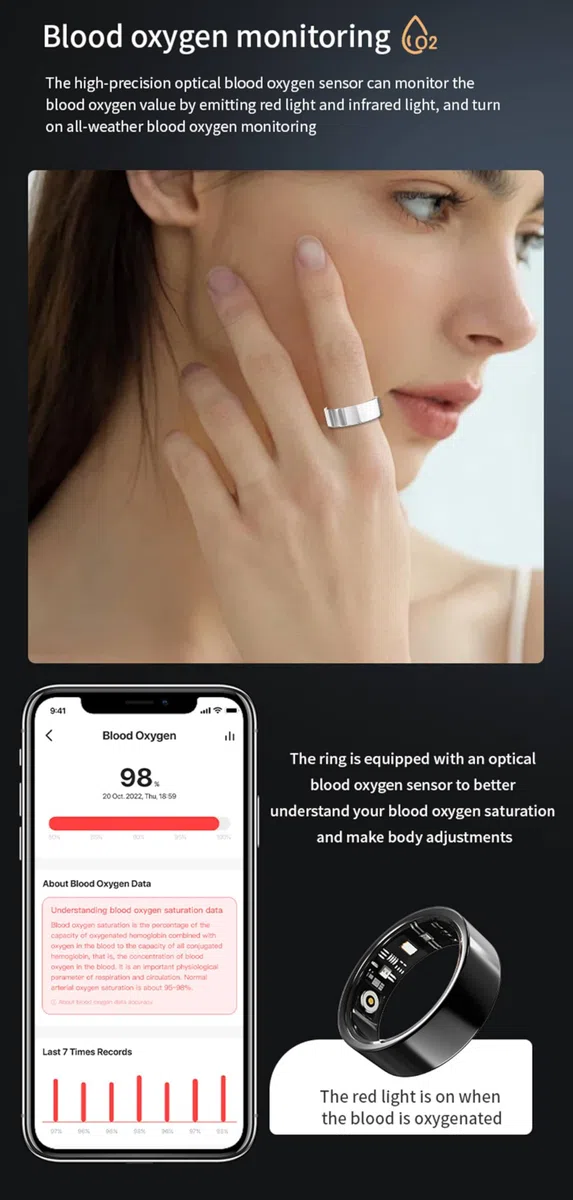 Smart Ring, IP68, anello intelligente impermeabile per uomo e donna con monitor del sonno, frequenza cardiaca, pressione sanguigna, ossigeno, contapassi, monitoraggio delle calorie, anello