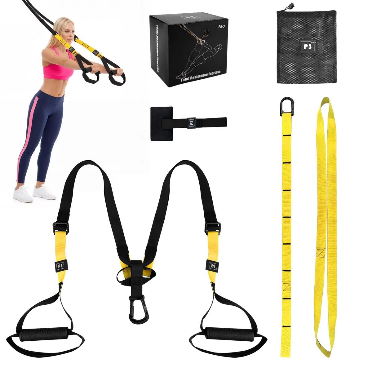 Kit per Allenamento a Sospensione, Allenamento in Sospensione con Ancoraggio per Porta, Sling Trainer Set, Fitness Da Casa, Outdoor Fitness Gym, per Indoor e Outdoor, Nero e Giallo