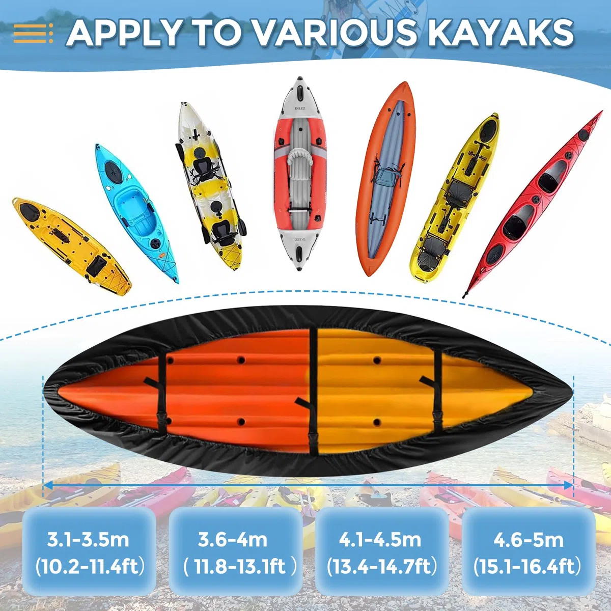 420D Copertura per Kayak, Impermeabile Durevole Protezione UV Copertura Kayak Canoa per la Pesca in Barca/Kayak/Canoa/Paddle Board (4.6~5.0m/15.1ft~16.4ft)