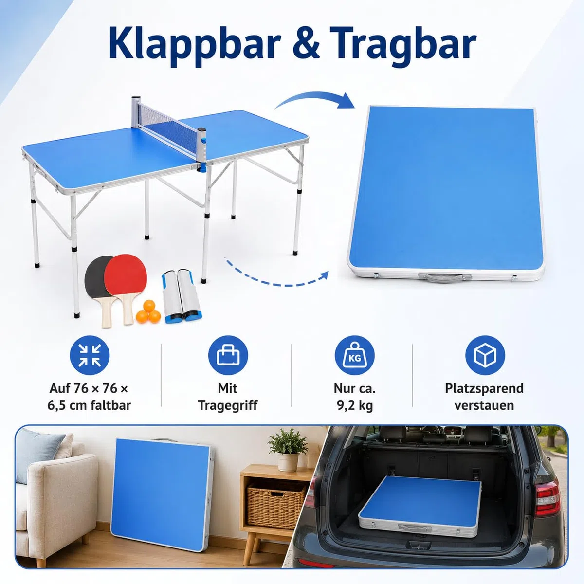 Tavolo da ping pong pieghevole, vassoio da tennis da tavolo interno in lega di alluminio, con rete, 2 racchette e 3 palline incluse, per adulti, bambini, famiglia, tempo libero, sport, 152 x 76 cm