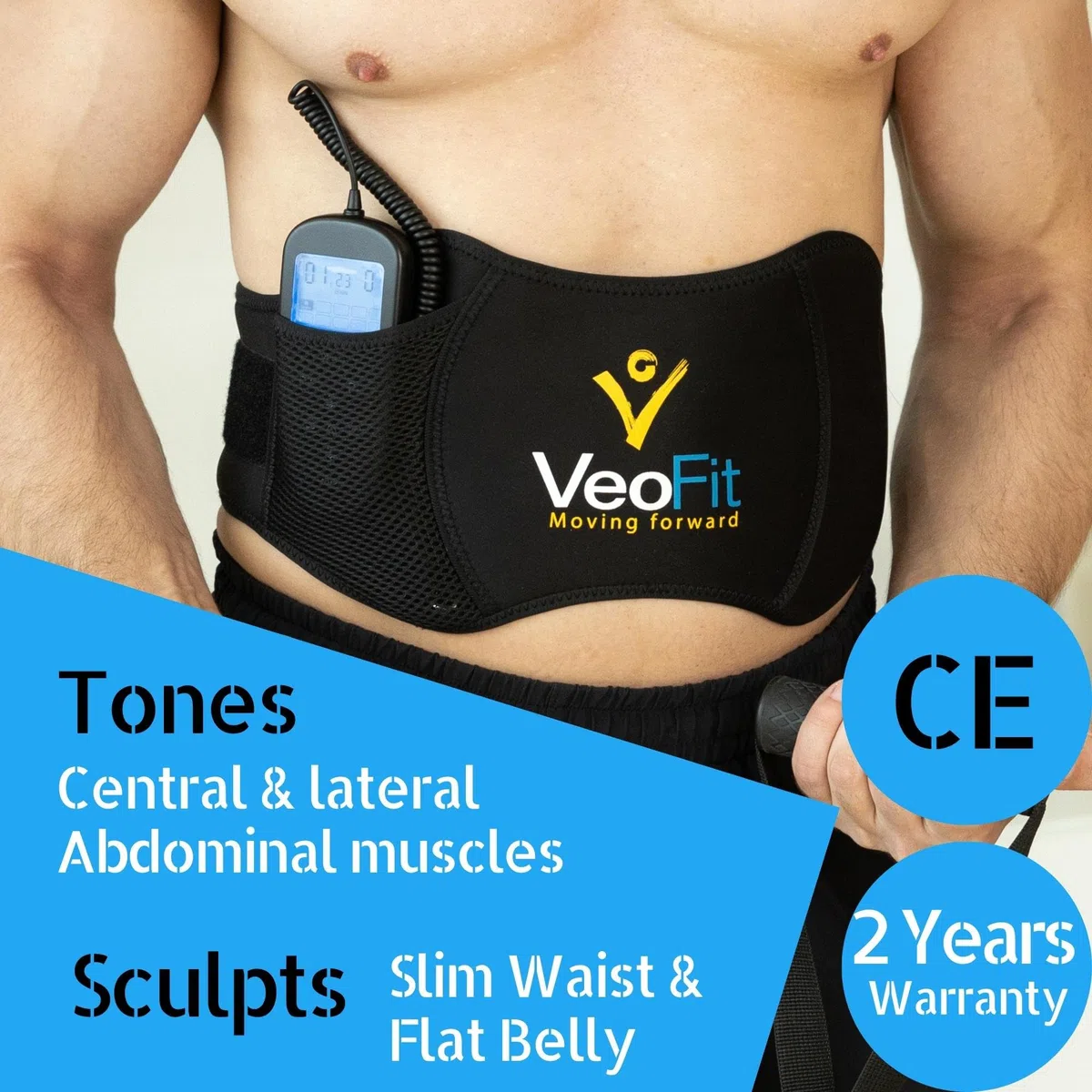 VEOFIT Cintura Addominale elettrostimolazione e Sollevamento Pesi, elettrostimolatore Muscolare in ABS, per Uomini e Donne, 10 programmi, 99 Livelli di intensità, Senza Fili, con Gel