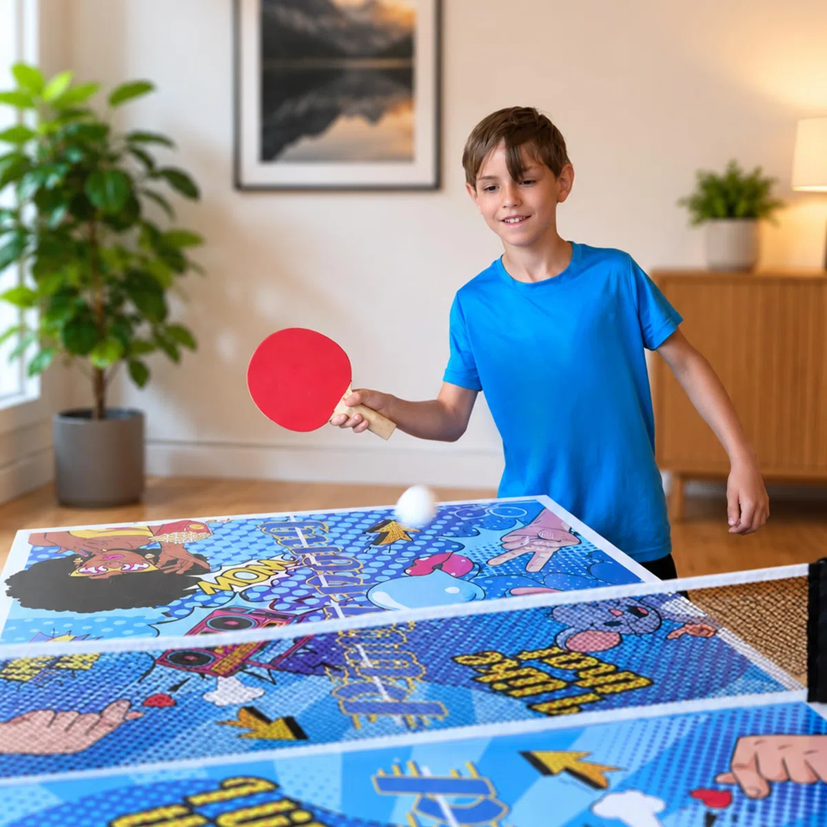 Bandito Mini tavolo da ping pong con 2 racchette e 3 palline in stile fumetto, pieghevole con maniglia per il trasporto, tavolo da ping pong di medie dimensioni, piccolo tavolo da ping pong per