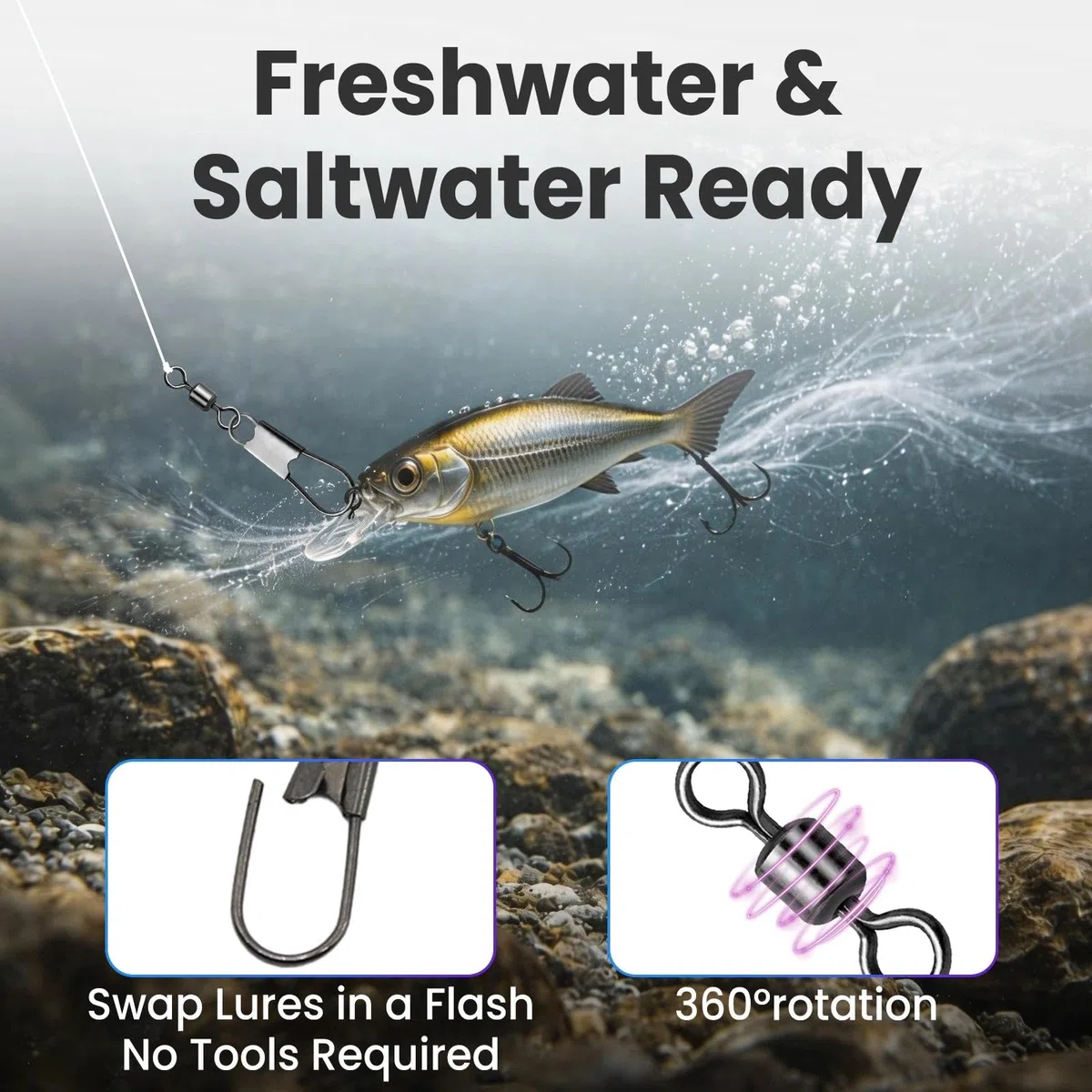 Natufish Girelle a scatto da pesca e girelle a barilotto – Confezione da 50 clip girevoli in acciaio inox resistente alla corrosione per acqua salata/acqua dolce con blocco di sicurezza e cuscinetto a