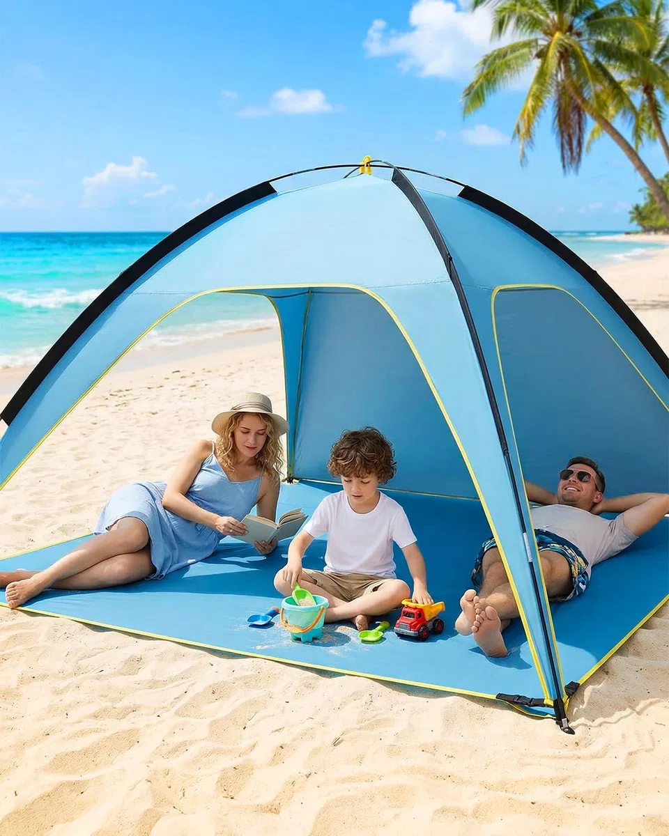 MYMULIKE Tenda da spiaggia UV50+, protezione solare, 210 x 210 x 130 cm, 4-6 persone, poliestere 190T con aste in fibra di vetro da 8 mm, portatile, con sacchi di sabbia/picchetti, per spiaggia