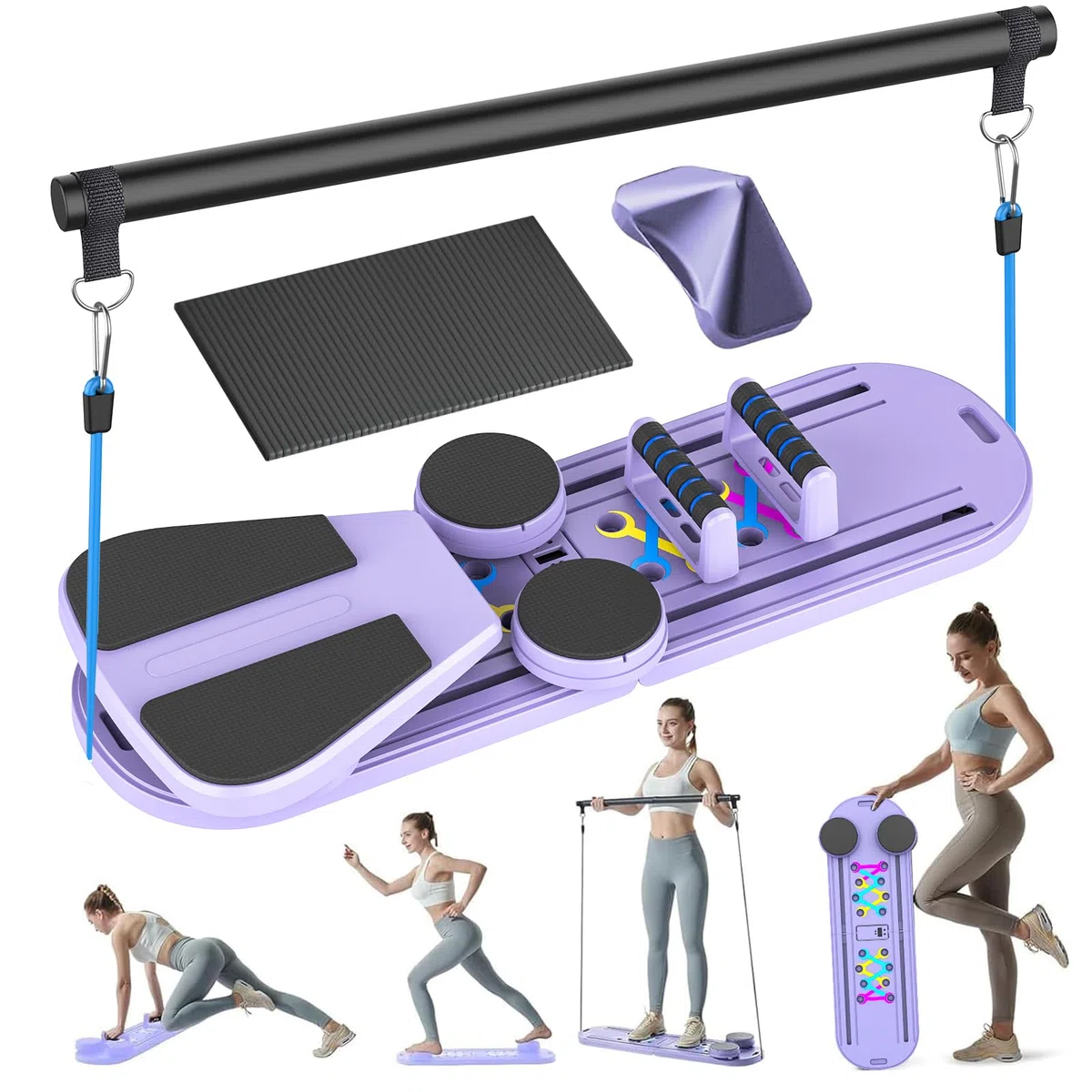 Mini riformatore Pilates 6 in 1 con contatore intelligente, tavola pilates con bande di resistenza, rullo di rimbalzo automatico, tavola addominale pieghevole