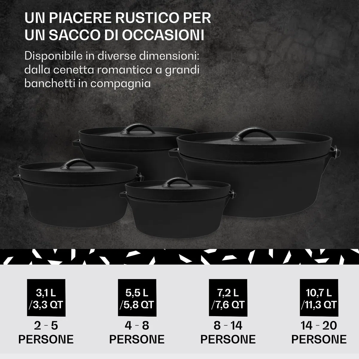 ToCi Dutch Oven Pre-Stagionato, Forno Olandese con Coperchio in Ghisa, Casseruola da Campeggio con Leva e Supporto del Coperchio, 10.7 Litri