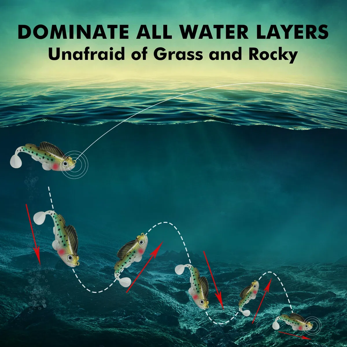 Gotour Esche da pesca morbide senza erbacce per acqua dolce e salata, di alta qualità, pre-attrezzate, esche da nuoto per pesca alla spigola, esche da pesca per trote Crappie Walleye, fantastici