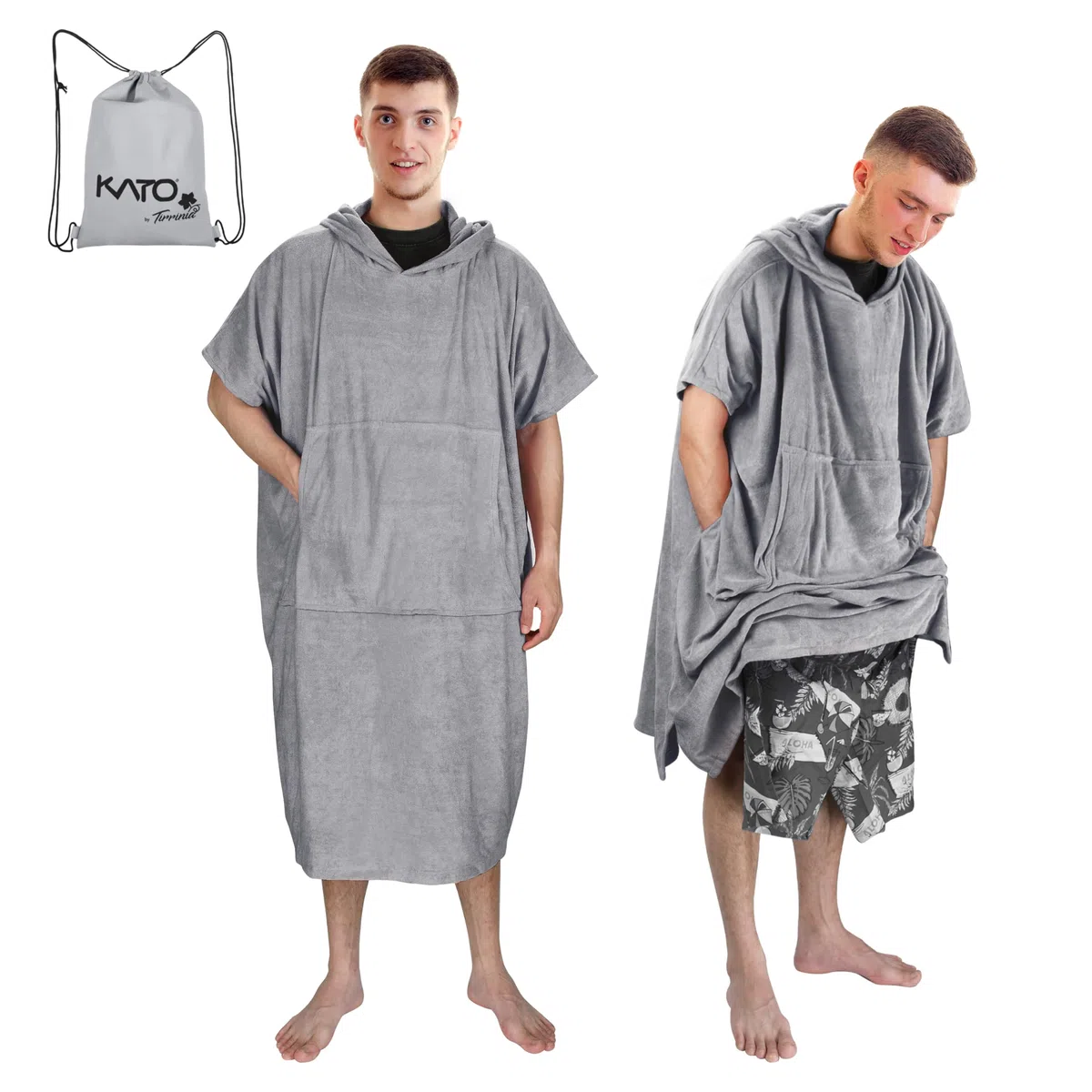 Kato Tirrinia Surf Poncho con borsa, Poncho da bagno in microfibra per donne e uomini, Poncho da spiaggia con cappuccio e asciugamano assorbente per il nuoto e gli sport acquatici della sauna, grigio