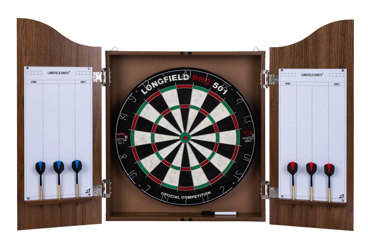 Engelhart - 065016-M - Bersagli Standard Armadio di Legno, Inclusi Freccette di Sisal da Competizione, 6 Freccette in Ottone 18 gr, Gessi e Spugna (Castagna)