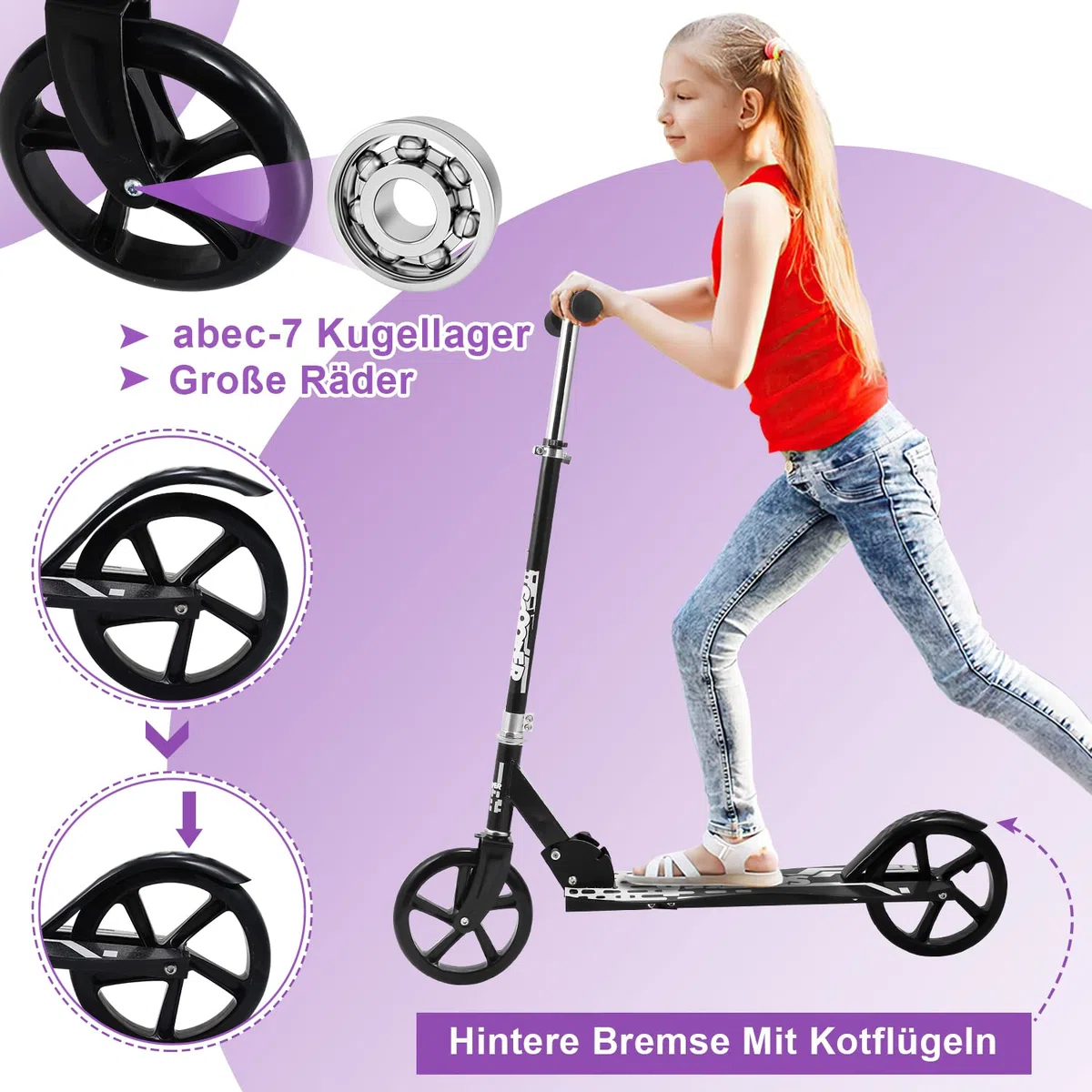 Monopattino per bambini, 2 ruote, scooter a 3 altezze, 205 mm, con tracolla, monopattino fino a 100 kg, per ragazze, ragazzi e bambini dai 5 anni in su