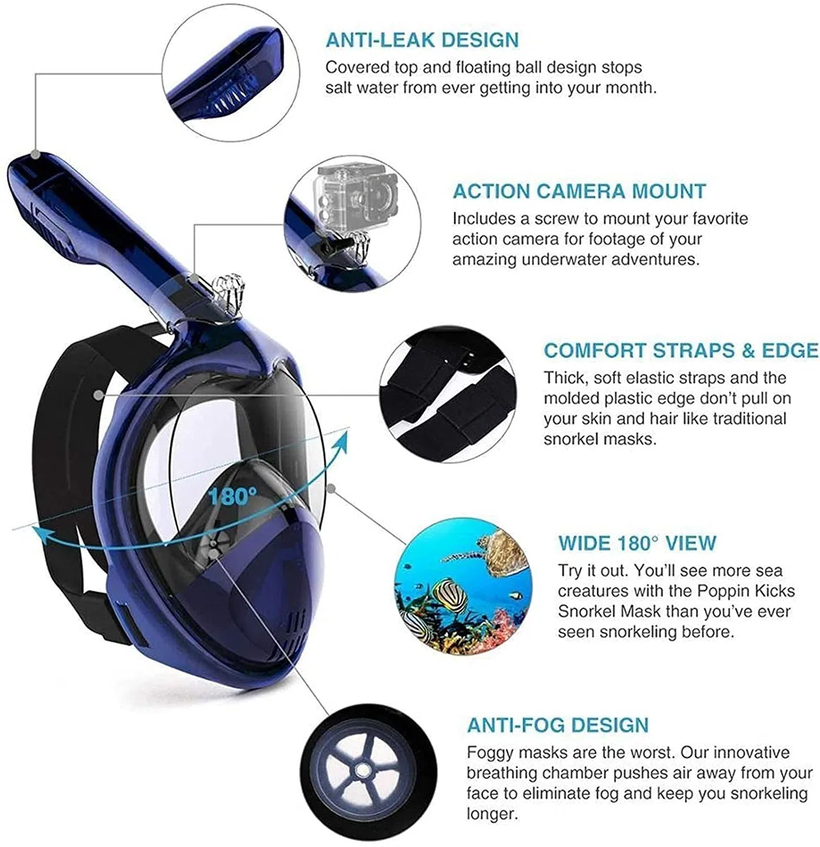 Maschera Subacquea, Maschere per Lo Snorkeling, Antiappannamento, Integrale, per Lo Snorkeling, Nuoto, Attrezzatura per Donne, Uomini E Bambini, Grande, Grande（Black-S/M）