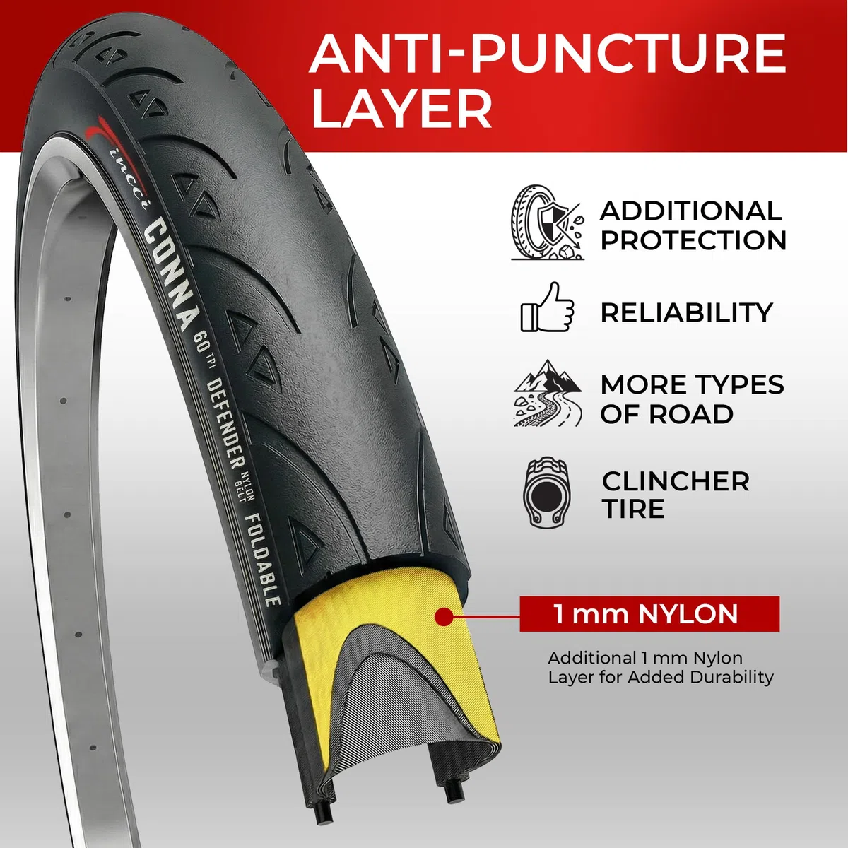 Fincci Copertoni Bici da Corsa 700x25c (ETRTO 25-622) – Coppia Pieghevole con Protezione Antiforatura 1 mm in Nylon LVL3, 60 TPI, Opzione con Fascia Riflettente, per Strada, Gara, Sport e Ciclismo