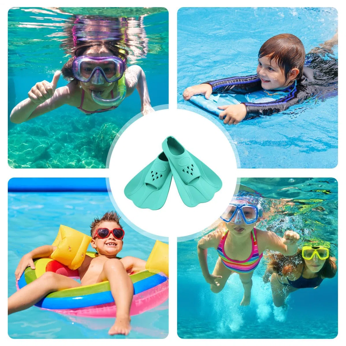 Pinne da nuoto per bambini, pinne corte da allenamento, leggere, regolabili, design idrodinamico Kick-Boost, cinghie morbide, attrezzature di propulsione dell'acqua efficiente, per imparare a fare