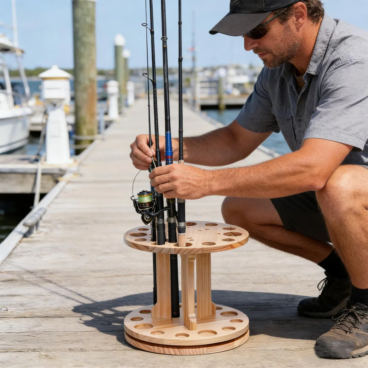 Supporto per canne da pesca Portacanne in legno con rotazione a 360° | Organizer per attrezzatura da pesca per uomo, cantina, capanno, barca, camion, kayak, molo, spiaggia, viaggio,