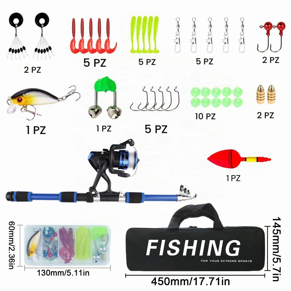 Set da pesca per bambini, 1,8 m, set di canne da pesca per bambini, con mulinello e set di esche, canna da pesca telescopica in fibra di carbonio e mulinello, accessori da pesca per bambini dai 3 ai