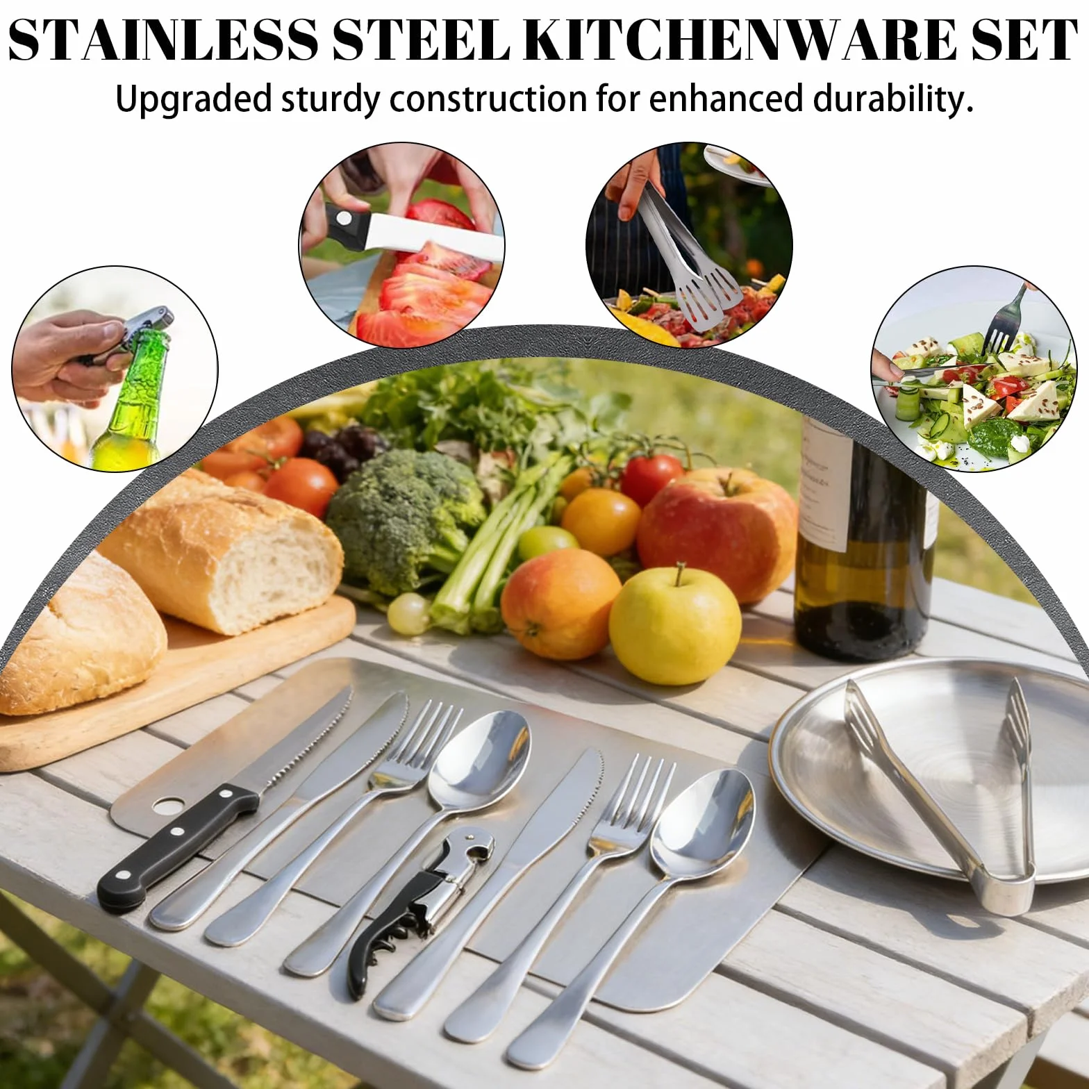 Set di stoviglie da campeggio per 4 persone, 22 posate da campeggio portatili, posate da campeggio con cucchiaio, forchetta, coltello, clip piatto in acciaio inox 304, portaposate per picnic, viaggi