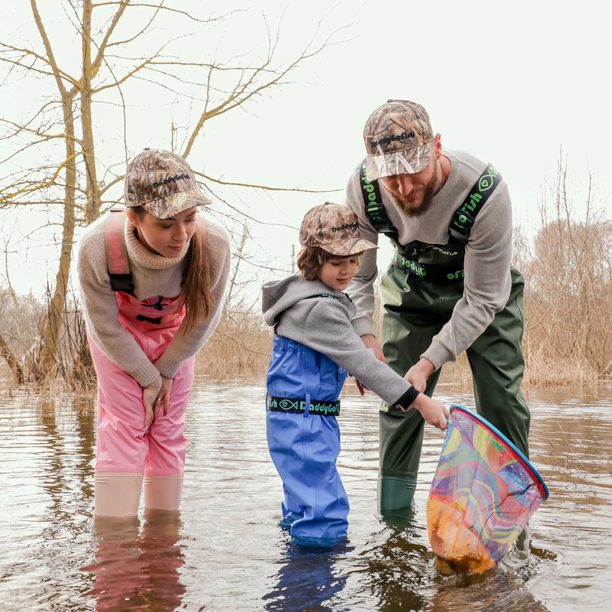 DaddyGoFish Waders bambini e adulti, trampolieri da pesca e da caccia con tasca e gancio per trampolieri
